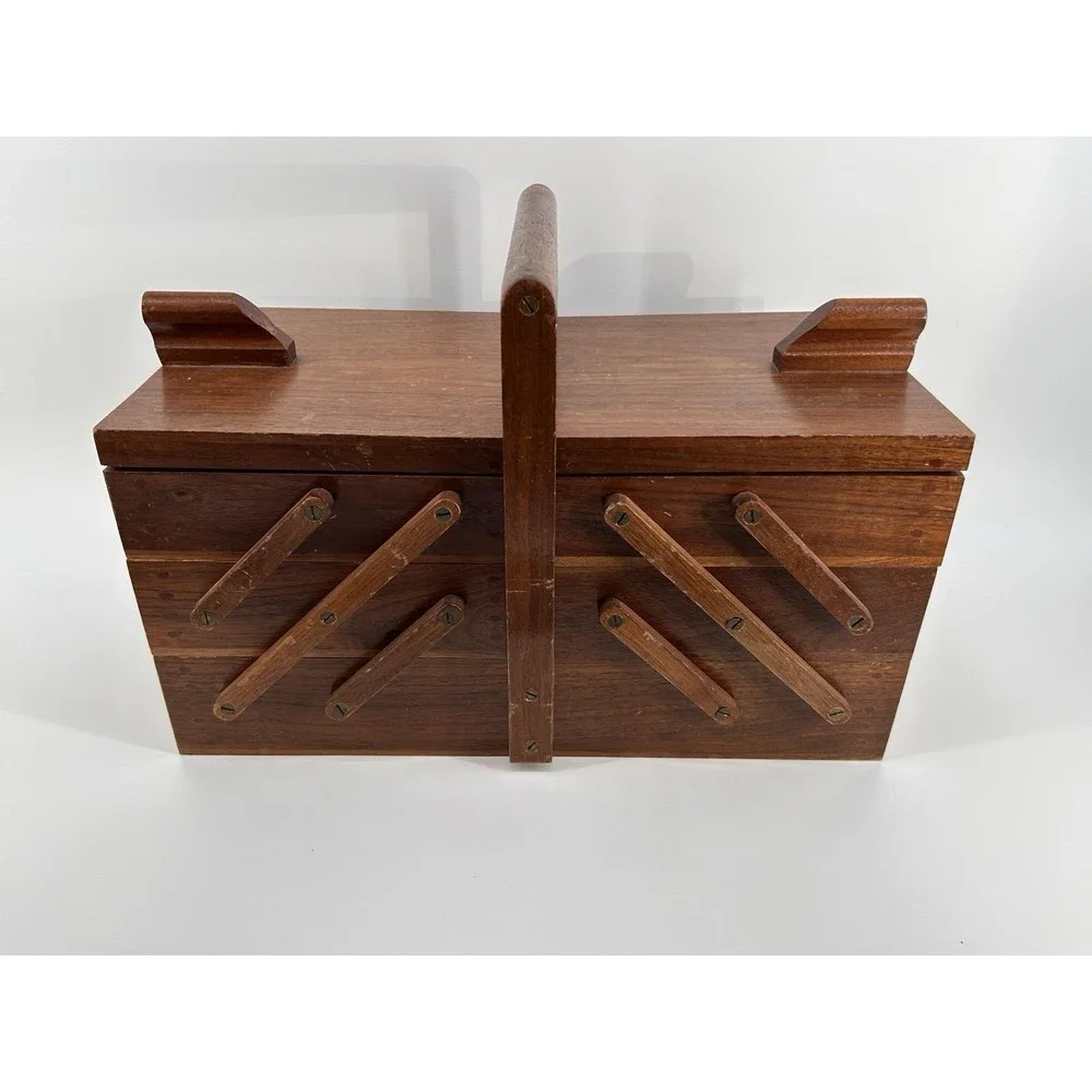 Vintage Mid Century Wooden Accordion Fold Out Sewing Box Cantilever Sewing Box